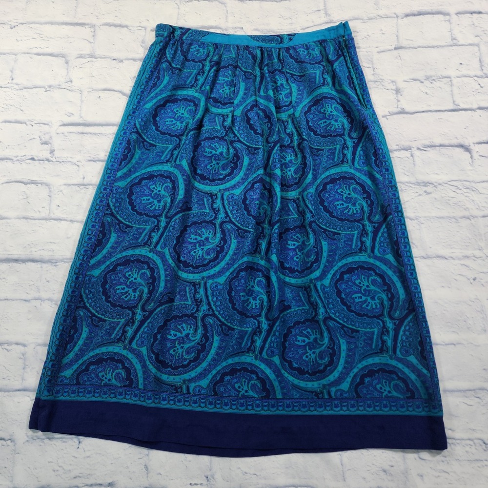 Anne Crimmins UMI Collections WOMENS 12 Paisley Turquoise Silk Midi Skirt VTG